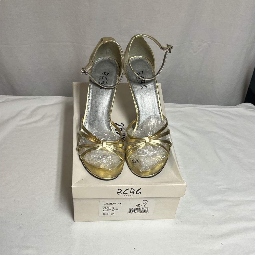 BCBG Gold Leather Ankle Strap Strappy Sandals Heels